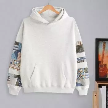 Унисекс толстовка с капюшоном с большим карманом ретро-принт длинные рукава свободный капюшон однотонный S светло-серый