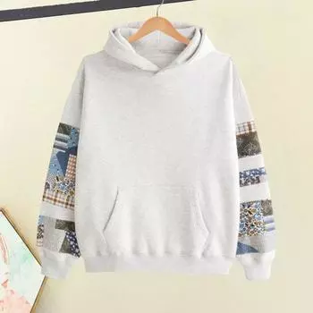 Унисекс толстовка с капюшоном с большим карманом, ретро-принт, длинные рукава, свободный капюшон, однотонные эластичные манжеты, уличный топ в стиле хип-хоп S светло-серый