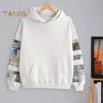 Унисекс толстовка с капюшоном с большим карманом, ретро-принт, длинные рукава, свободный капюшон, однотонные эластичные манжеты, уличный топ в стиле хип-хоп L светло-серый