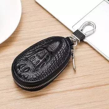 Unisex Top Grain Calfskin Car Key Holder Compact Waist Hung Zipper Case with Crocodile Texture Detachable Straps чёрный