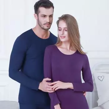 Унисекс Весна Новый тонкий комплект нижнего белья Круглый вырез Тонкий длинный рукав Однотонный повседневный мягкий эластичный спортивный комплект нижнего белья XL темно-синий