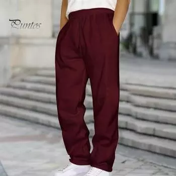 Унисекс Весна Осень Брюки с боковыми карманами Эластичный пояс Прямые широкие спортивные брюки Слаксы Однотонные свободные уличные спортивные брюки M верблюд