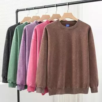 Унисекс Весна Осень Топ Состаренный Хлопок O-образный вырез Однотонный с эластичными манжетами M темно-зеленого