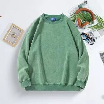 Унисекс Весна Осень Топ Состаренный Хлопок O-образный вырез Однотонный с M чёрный