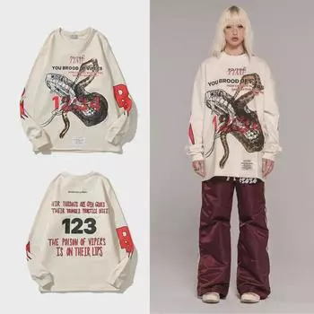 Унисекс Винтаж Свободный длинный рукав махровый свитшот - RRR123 Python Sketch Design Large абрикосовый