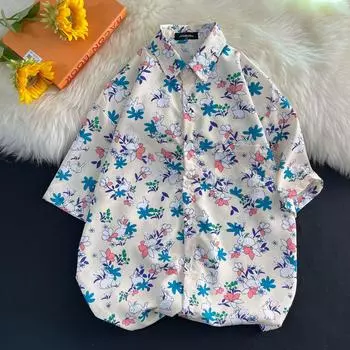 Унисекс Винтажная Цветочная Рубашка с Подсолнухами – Повседневная Свободная Посадка, Гавайский Стиль XXXL