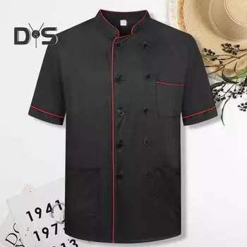 Унисекс Воротник-стойка с короткими рукавами Униформа шеф-повара Линия Декор Двубортный накладной карман Ресторан Пекарня Униформа официанта Кулинарные топы 2XL белый/чёрный