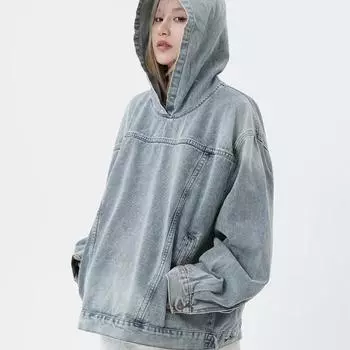 Унисекс винтажная джинсовая толстовка с капюшоном для мужчин и женщин свободная повседневная толстовка High Street пуловер осень-весна M синий