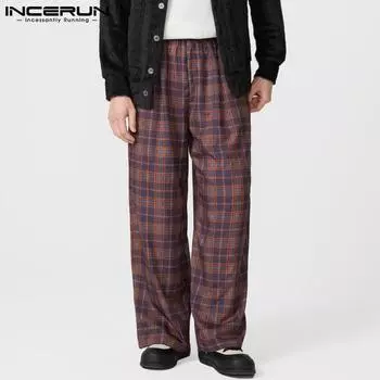 Унисекс Женские Мужские Эластичная Талия Клетчатый Принт Длинные Свободные Широкие Брюки S