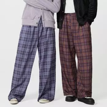 Унисекс Женские Мужские Эластичный Пояс Клетчатый Принт Длинные Свободные Широкие Брюки S красный
