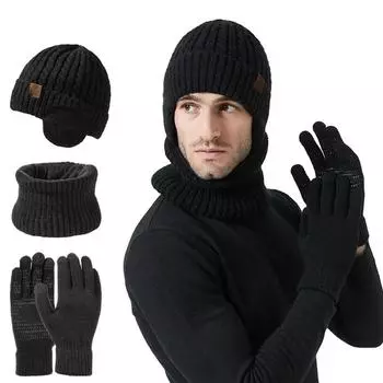 Унисекс зимние аксессуары утонченная трикотажная шапка шарф перчатки 3 шт зимняя флисовая подкладка шапка шарф перчатки комплект для мужчин и женщин сенсорный M