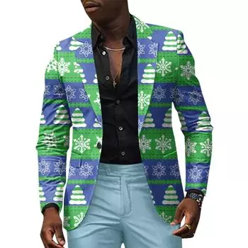 Унисекс Зимние рождественские принты Пиджаки Унисекс Повседневная мода Куртки на пуговицах L синий