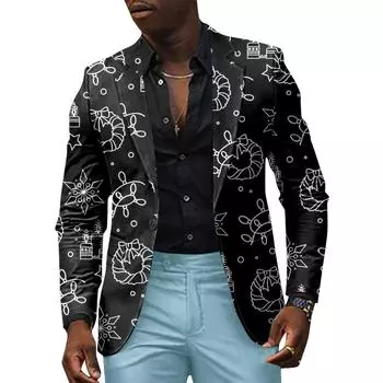 Унисекс Зимние рождественские принты Пиджаки Унисекс Повседневная мода Куртки на пуговицах L чёрный