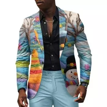 Унисекс Зимние рождественские принты Пиджаки Унисекс Повседневная мода Куртки на пуговицах L синий