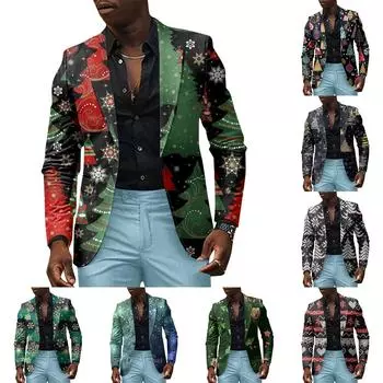 Унисекс Зимние рождественские принты Пиджаки Унисекс Повседневная мода Куртки на пуговицах L армия зеленый
