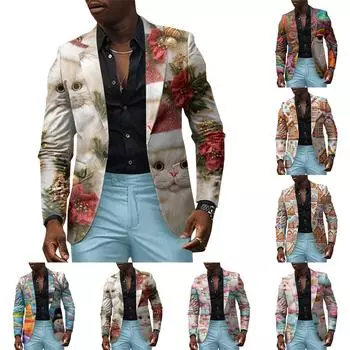 Унисекс Зимние рождественские принты Пиджаки Унисекс Повседневная мода Куртки на пуговицах XXL