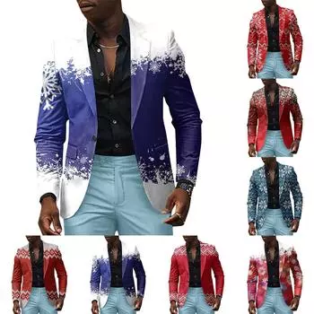 Унисекс Зимние рождественские принты Пиджаки Унисекс Повседневная мода Куртки на пуговицах XXXXL синий