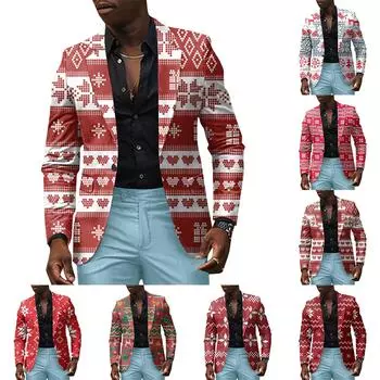 Унисекс Зимние рождественские принты Пиджаки Унисекс Повседневная мода Куртки на пуговицах XXL