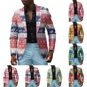 Унисекс Зимние рождественские принты Пиджаки Унисекс Повседневная мода Куртки на пуговицах XXXL киноварь