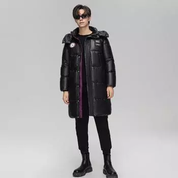 Унисекс Зимний пуховик со съемным капюшоном Утепленный ветрозащитный с застежкой-молнией Pree Buttons Средняя длина Черная куртка Длинные рукава Верхняя одежда для холодной погоды M чёрный