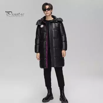 Унисекс Зимний пуховик со съемным капюшоном Утепленный ветрозащитный с застежкой-молнией Pree Buttons Средняя длина Черная куртка Длинные рукава Верхняя одежда для холодной погоды M чёрный