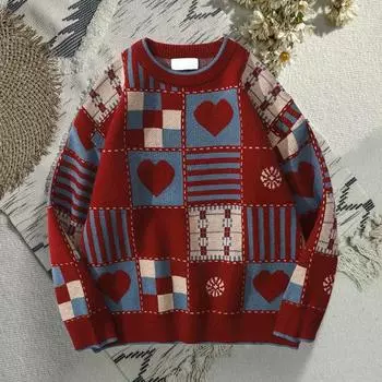 Унисекс зимний свитер в клетку с принтом в стиле ретро с круглым вырезом и длинными рукавами, многообразие узоров, вязаный свитер для пары, для дома, школы, поездок на работу L красный
