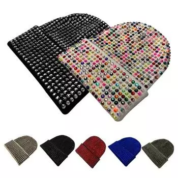 Унисекс зимняя шапка с отворотами и полями, однотонная, со стразами, эластичная, сохраняет тепло бежевый