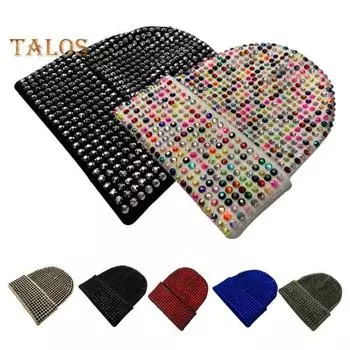 Унисекс зимняя шапка со складчатыми полями, однотонная эластичная шапка со стразами, сохраняющая тепло, для взрослых, для холодной погоды, для улицы и повседневной жизни чёрный