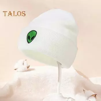 Унисекс зимняя вязаная шапка утолщенная инопланетная вышивка теплая противоскользящая ветрозащитная однотонная эластичная защита ушей для активного отдыха на велосипеде катание на лыжах серый