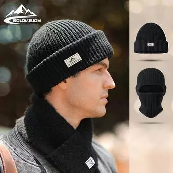 Унисекс Зимняя вязаная шапка Утолщенная ветрозащитная ветрозащитная шапка-шарф Можно использовать как шарф и шапку one size чёрный