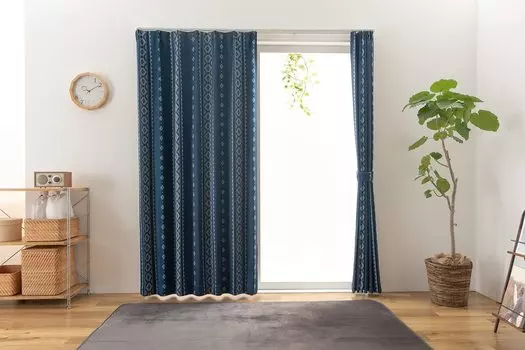 Univer Drape 100cm Wide x 178cm Set of Level 2 Light Shape Fork Curtains, Long, 2, Blocking, Memory, Washable, Navy,