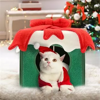 Universal Christmas Gift Box Cozy Nesk Cat House Cave Dog Kennel Winter Warm House Four Seasons Sweet Kittens Basket Bed зелёный