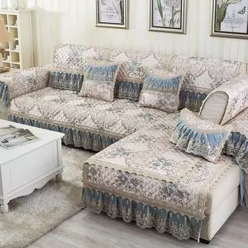 Universal European Sofa Cushion Fabric All Year Round Neutral Lace Modern Sofa Cover All-Inclusive Backrest Towel Cover Full Covered Accessible Luxury Mandy-Flower Blue 60 * 60cm