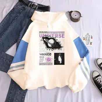 UNIVERSE с буквенным принтом и капюшоном для мужчин и женщин, лоскутные толстовки, эстетический модный пуловер, женский высококачественный свитшот с круглым вырезом XS чёрный/белый
