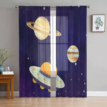 Universe Starry Space Planet Tulle Window Treatment Sheer Curtains for Kitchen Living Room the Bedroom Curtains Decoration W135 x H114cm