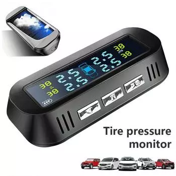 Универсальная беспроводная система контроля давления в шинах TPMS Солнечные часы с ЖК-дисплеем 4 внешних датчика Датчики давления в шинах чёрный