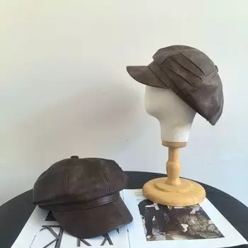 Универсальная британская винтажная черная кожаная шляпа газетчика восьмиугольная шляпа женская осенне-зимняя складная шляпа M56-58cm чёрный