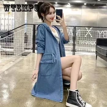 Универсальная джинсовая куртка средней длины, плащ с капюшоном, весна и осень, женское платье больших размеров со свободной талией, джинсовая куртка XXXXL