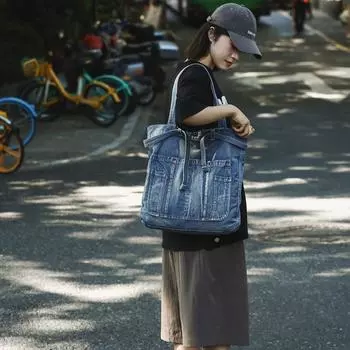 Универсальная джинсовая сумка через плечо для студенток, большая вместимость, ретро, повседневная японская холщовая сумка для мужчин синий
