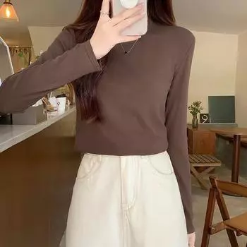 Универсальная футболка с длинным рукавом на правом плече для женщин, начало осени, новый стиль, облегающий внутренний крой, небольшой круглый вырез, однотонная шикарная рубашка S