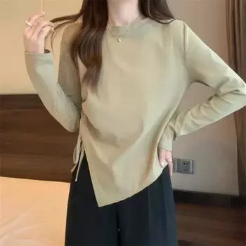 Универсальная футболка с длинным рукавом в корейском стиле для женщин, весенний дизайн, чувственный, с завязками, нерегулярный, утягивающий внутренний топ M чёрный