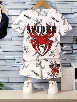 Универсальная футболка с короткими рукавами и шорты с принтом паутины для мальчиков, крутая, легкая и удобная летняя одежда из 2 предметов S