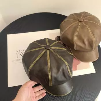 Универсальная кепка из искусственной кожи в британском стиле, маленькая шляпа газетчика, тренд весны и осени, новая ретро-шляпа со звездчатым анисом M56-58cm чёрный