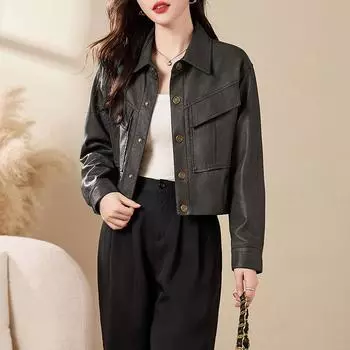 Универсальная кожаная куртка для женщин, весеннее и осеннее маленькое пальто, модная тонкая темпераментная короткая куртка из овчины высокого класса S