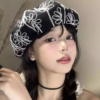 Универсальная маленькая шляпа с модной цветочной вышивкой, черный берет для женщин, ретро-нишевый берет, художник M56-58cm чёрный