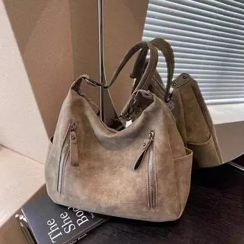 Универсальная матовая ретро сумка через плечо для женщин с универсальной текстурой, застежкой-молнией, украшением на плечо, большой вместимости, осень