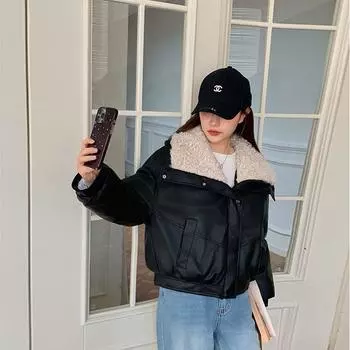 Универсальная одежда из овчины с хлопковой подкладкой, женская короткая одежда из овечьей шерсти с пуховой хлопковой подкладкой, зимняя куртка с лацканами и хлопковой подкладкой M чёрный