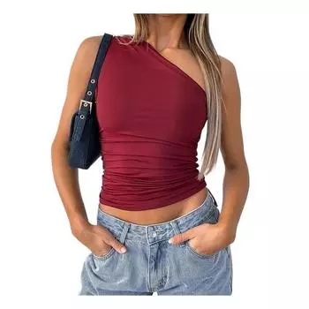 Универсальная однотонная майка на одно плечо с открытой спиной, футболка ярких цветов, обтягивающий тонкий топ без шеи без шеи XS красный