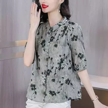 Универсальная омолаживающая рубашка из хлопка и льна с цветочным принтом и короткими рукавами для женщин среднего возраста. Стильная летняя одежда. Свободная льняная рубашка. L