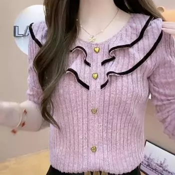 Универсальная осенне-зимняя футболка для похудения с кружевом и длинными рукавами, модная универсальная базовая рубашка, трендовая L розовый